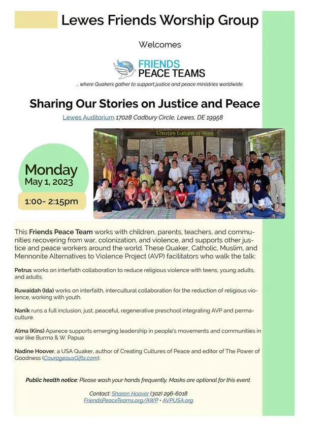 Event: Sharing Our Stories on Justice and Peace, 1:00 -2:15pm Monday, May 1, 2023 Lewes