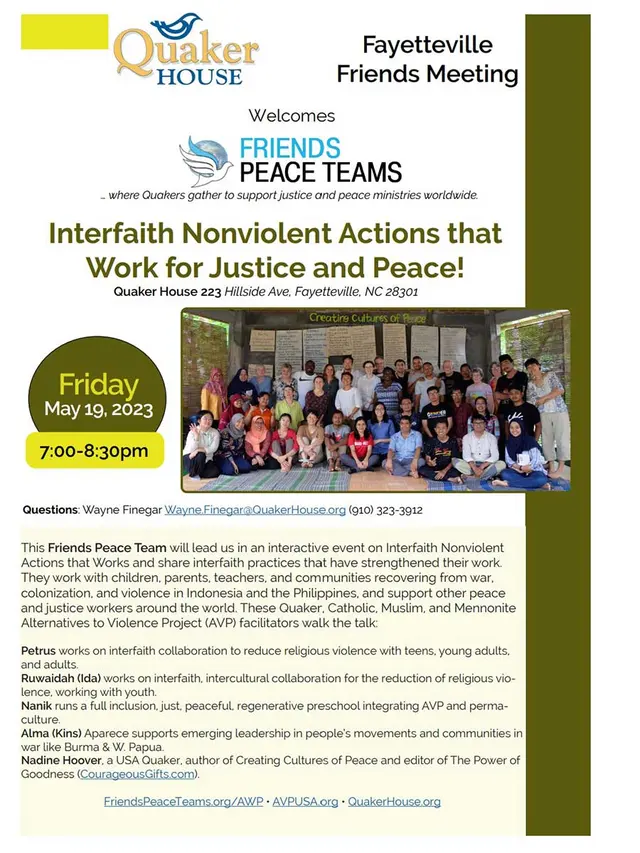 Event: Interfaith Nonviolent Actions that Work for Justice and Peace!, 7–8:30pm Friday, May 19th, Fayetteville, NC