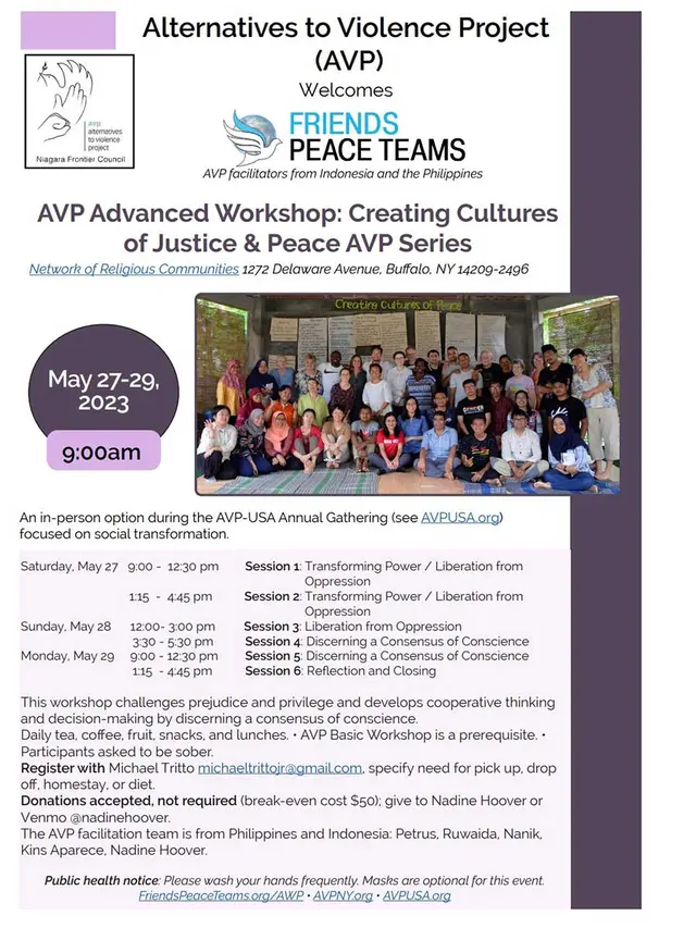 Event: AVP Advanced Workshop: Creating Cultures of Justice & Peace AVP Series, May 27-29th, Buffalo, NY